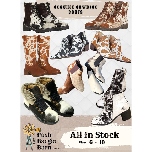 BLACK Cowhide Dixon Booties Western Heel Black & White Hide - Picture 4 of 5